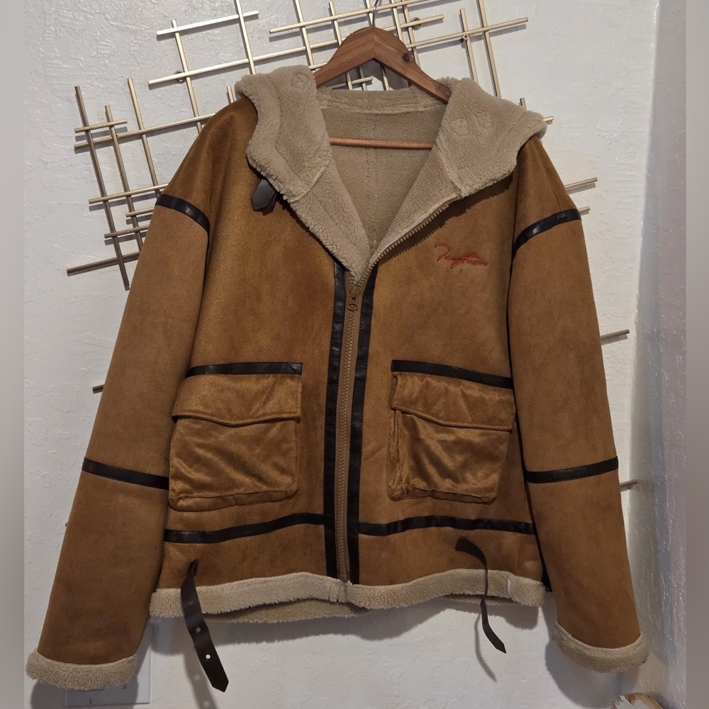 Brown Shearling Jacket with Black Accents